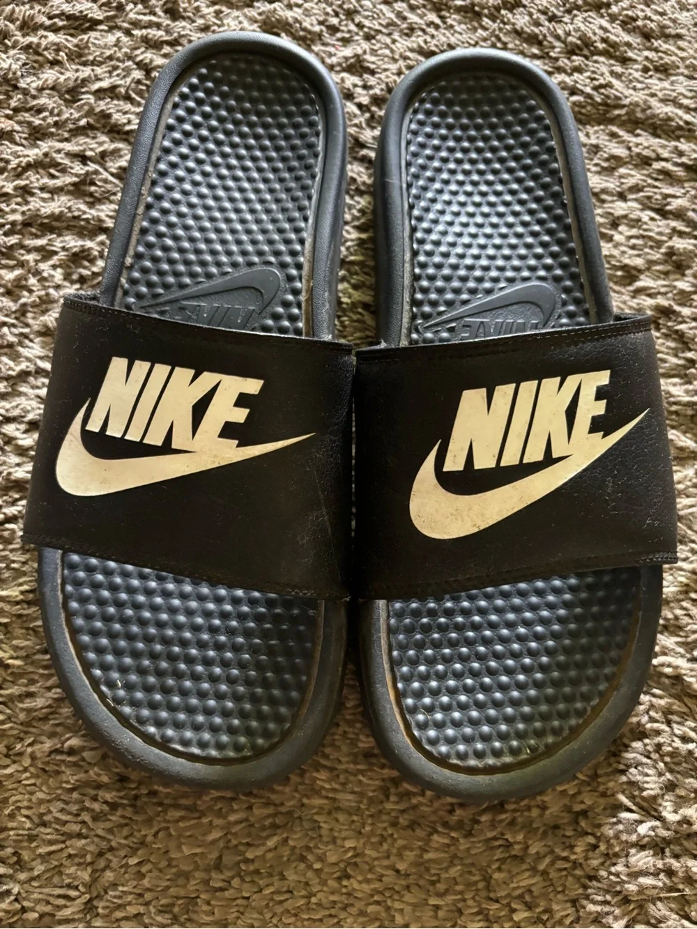 Nike' Black Slide Sandals with White Logo, shoes
